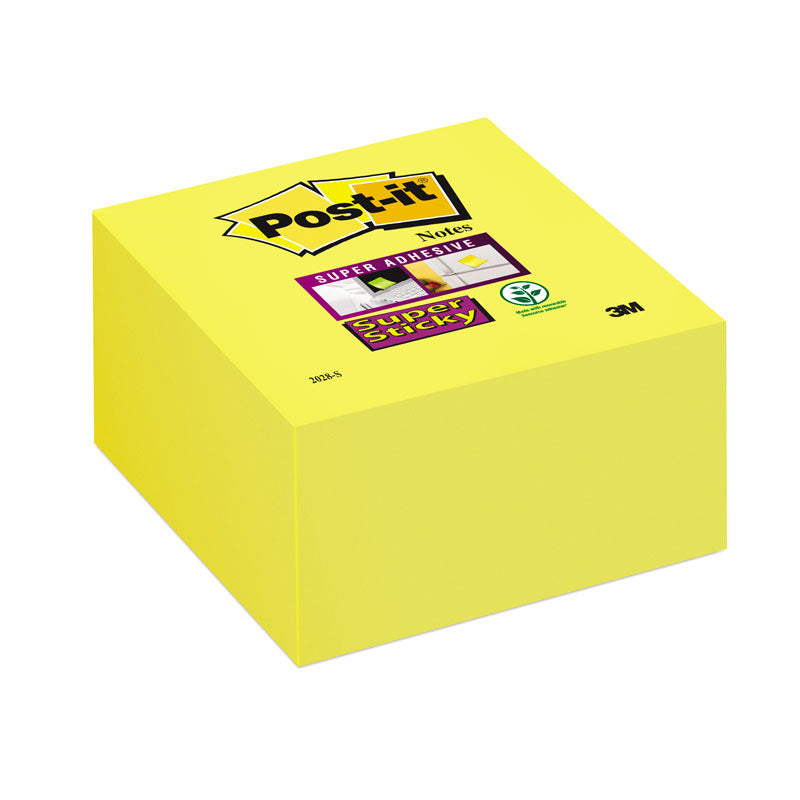 Lipnūs lapeliai POST-IT Super sticky kubas, 76 x 76 mm, 350 lapelių, geltona