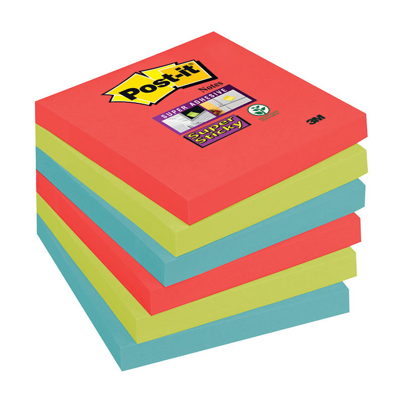 Super lipnūs lapeliai 3M POST-IT® BORA BORA SuperSticky, įprasti, 76 x 76 mm, įvairios spalvos, 6 vnt./pak.