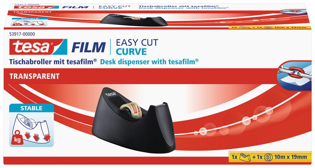 Stalinis dėklas TESA Easy Cut CURVE su TESA Film permatoma juostele, 19mm x 10m