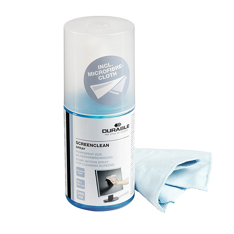 Valymo skystis DURABLE Sreenclean, 200 ml, su šluoste.