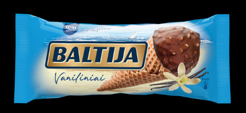 Vaniliniai grietininiai ledai BALTIJA Vanilla, su riešutais ir šokoladiniu glaistu, kūginiai, 150 ml