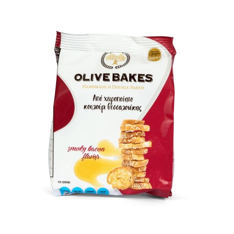 Duonos traškučiai OLIVE BAKES, rūkytos šoninės skonio, 80 g.