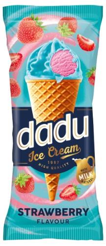 Braškių skonio ledai DADU Tutti Frutti, vafliniame ragelyje, 150 ml / 90 g