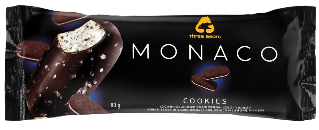 Valgomieji ledai MONACO COOKIES su sausainių gabalėliais ir glaistu ant pagaliuko, 80 g, 140 ml