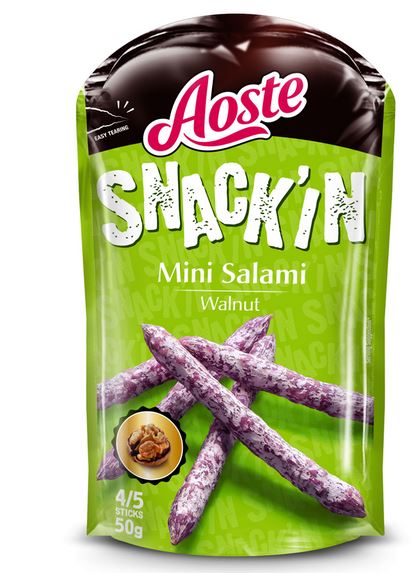 Vytintos kiaulienos dešrelės AOSTE SNACK'IN Walnut Sticks, a.r, 50g