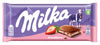 Pieninis šokoladas MILKA, iš Alpių pieno, su braškių skonio įdaru, 100 g